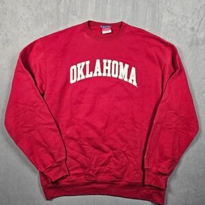 Oklahoma Sooners Sweatshirt Mens Large‎ Red Champion Crew Neck Fleece Lined